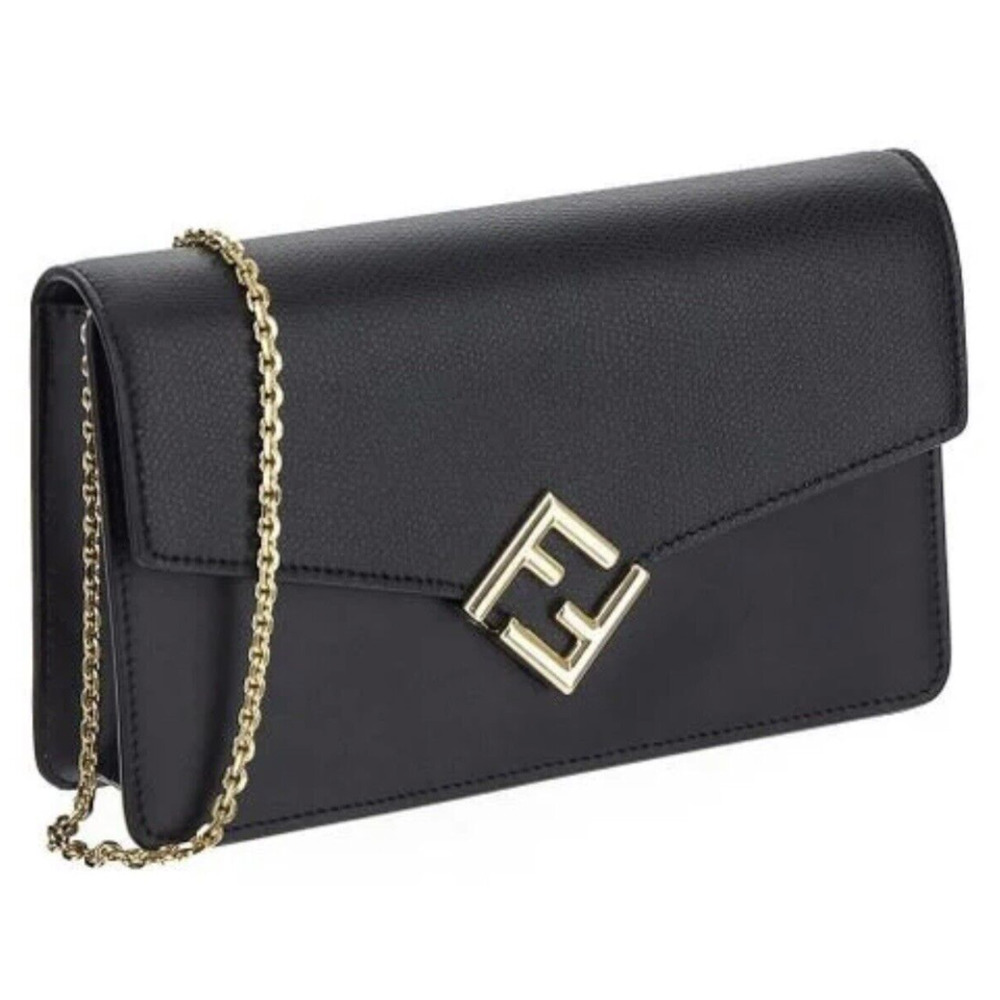 NEW FENDI BLACK LEATHER FF DIAMONDS LOGO CHAIN SHOULDER BAG PURSE BOX!